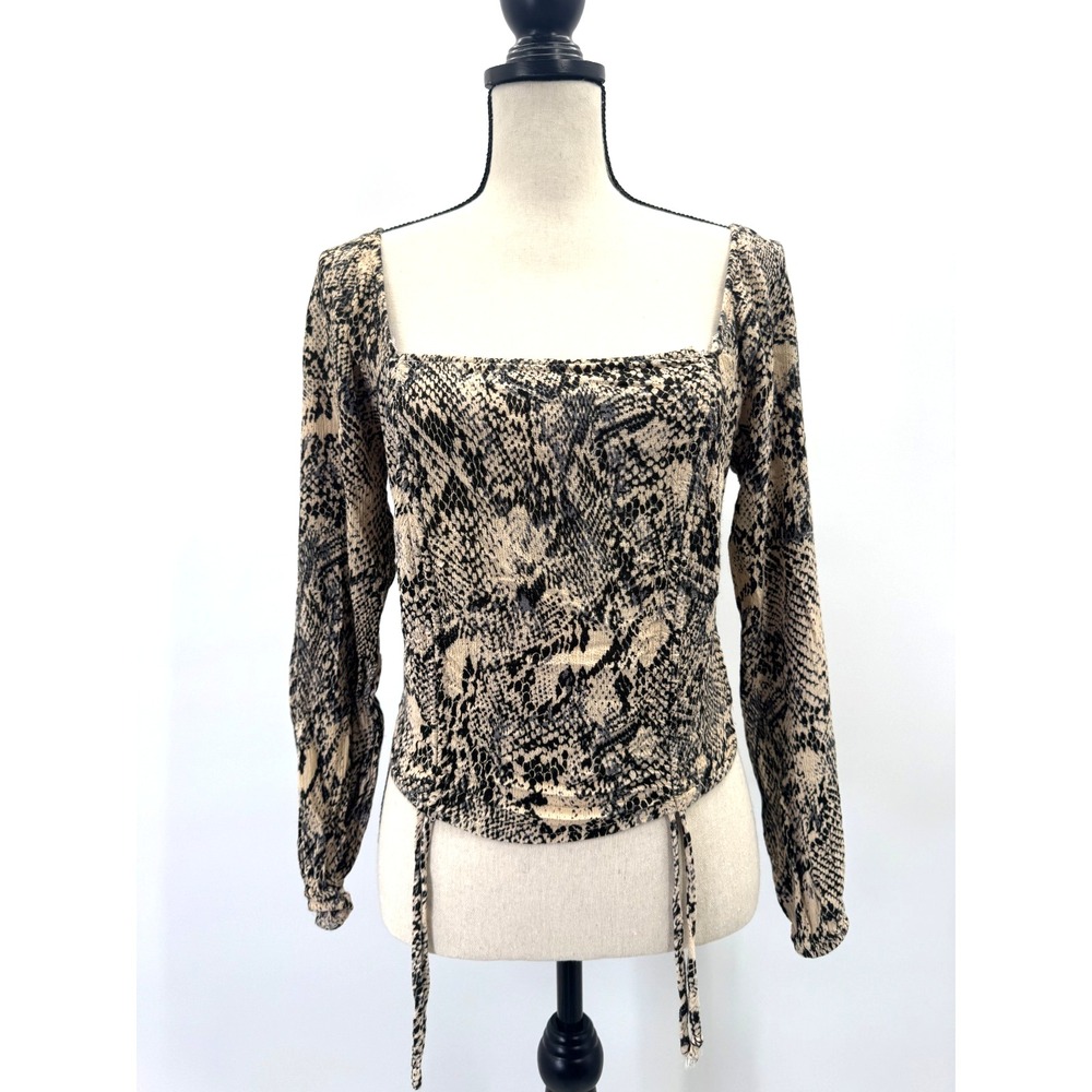 Kendall & Kylie Snake Skin Print Ruched Top Medium Puff Sleeve Milkmaid Peasant